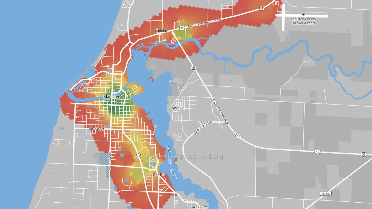 Walk Grade map of Eastlake, MI, walkable areas in green and car-dependent areas in red