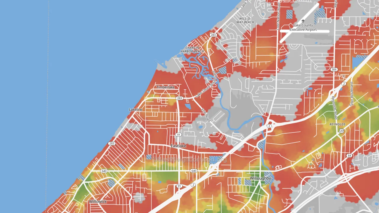 Walk Grade map of Eastlake, OH, walkable areas in green and car-dependent areas in red