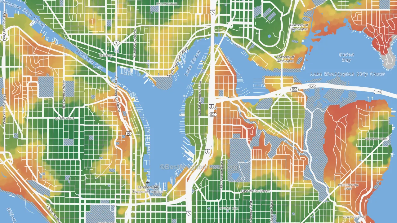 Walk Grade map of Eastlake, Seattle, WA, walkable areas in green and car-dependent areas in red