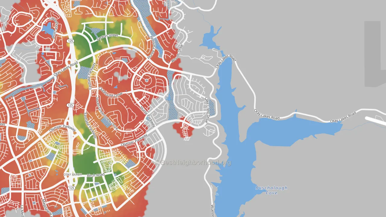 Walk Grade map of Eastlake Vistas, Chula Vista, CA, walkable areas in green and car-dependent areas in red