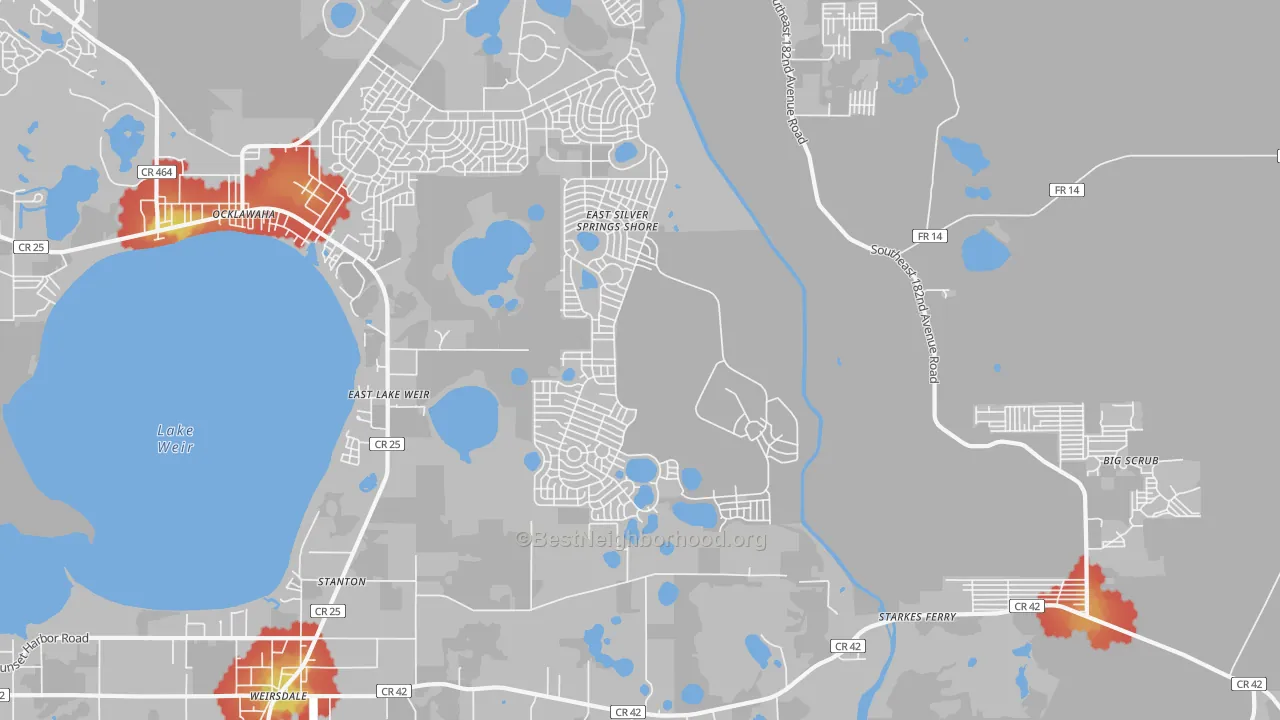Walk Grade map of Eastlake Weir, FL, walkable areas in green and car-dependent areas in red