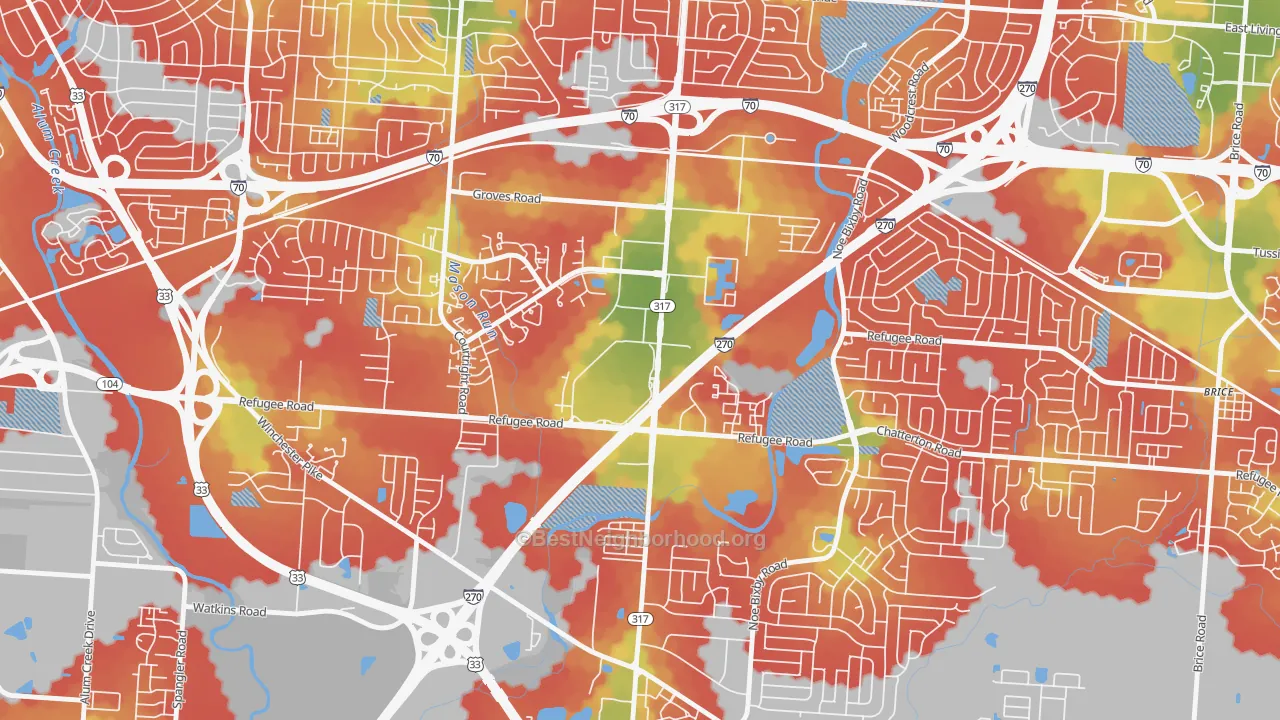 Walk Grade map of Eastland, Columbus, OH, walkable areas in green and car-dependent areas in red