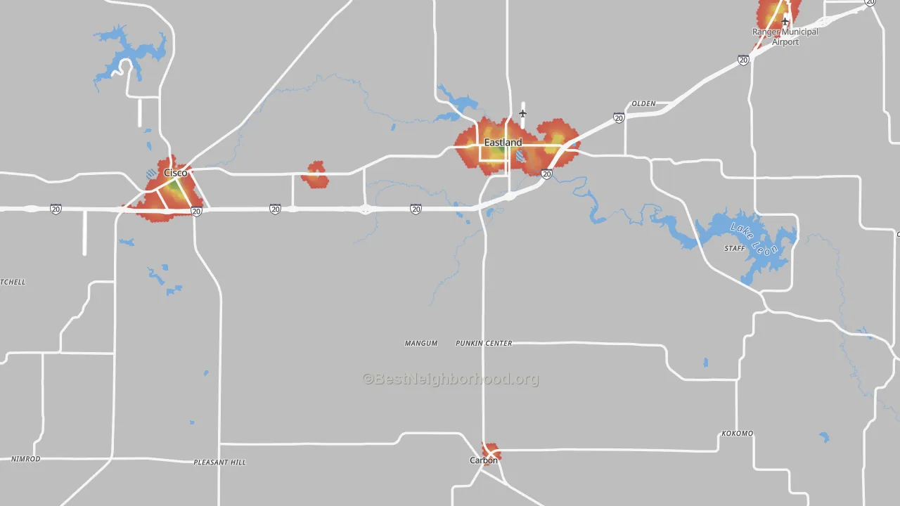 Walk Grade map of Eastland County, TX, walkable areas in green and car-dependent areas in red