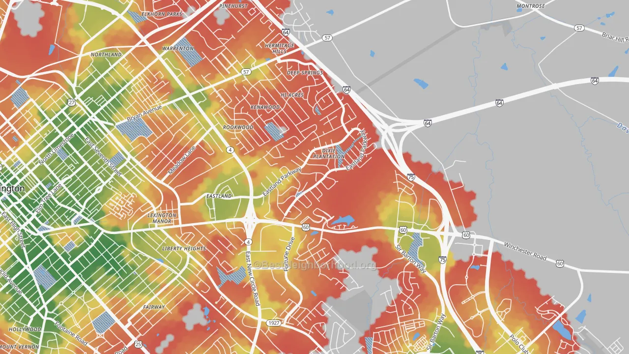 Walk Grade map of Eastland Park-Dixie Plantation, Lexington, KY, walkable areas in green and car-dependent areas in red