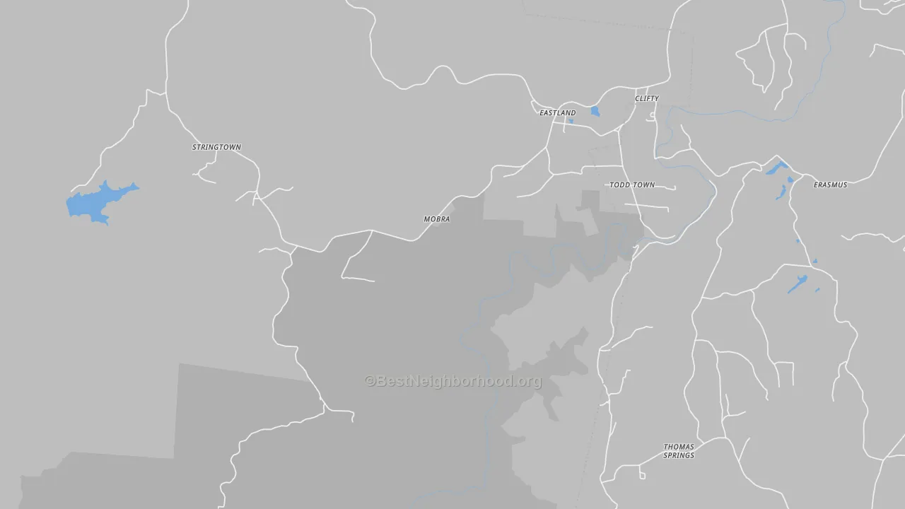 Walk Grade map of Eastland, TN, walkable areas in green and car-dependent areas in red