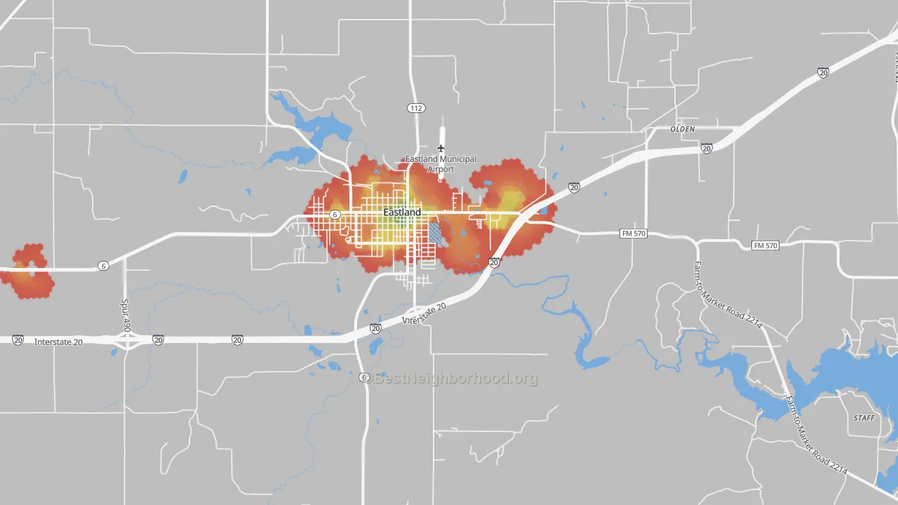 Walk Grade map of Eastland, TX, walkable areas in green and car-dependent areas in red