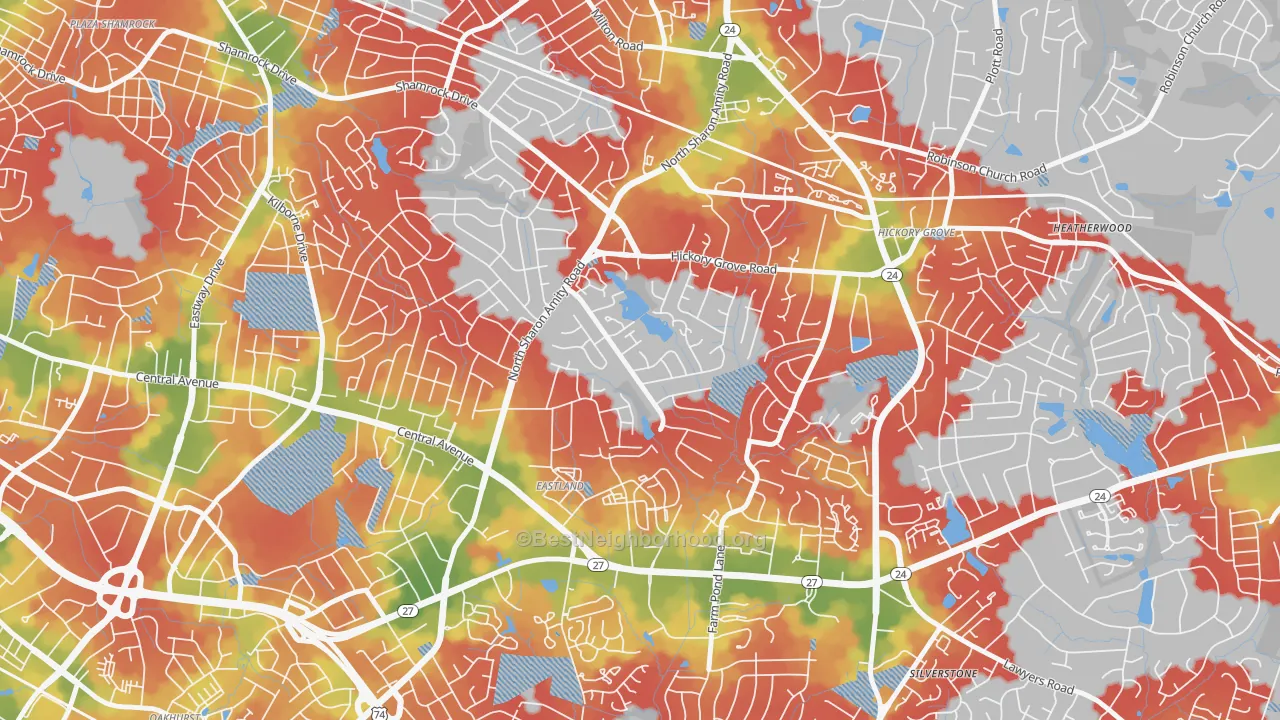 Walk Grade map of Eastland-Wilora Lake, Charlotte, NC, walkable areas in green and car-dependent areas in red
