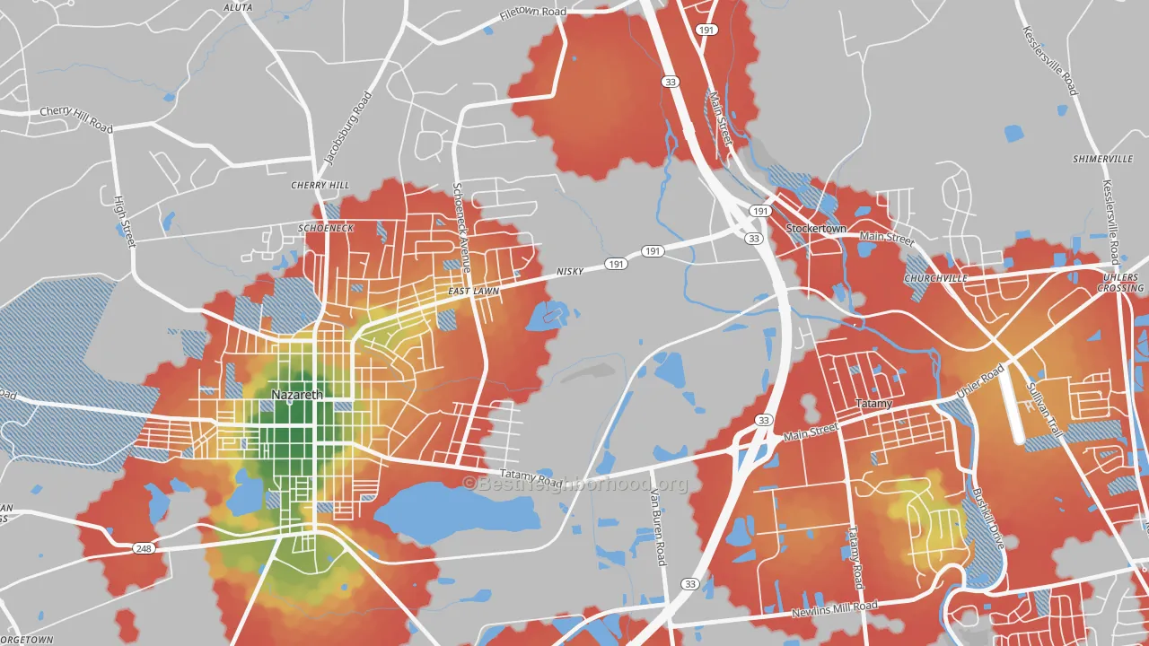 Walk Grade map of Eastlawn Gardens, PA, walkable areas in green and car-dependent areas in red