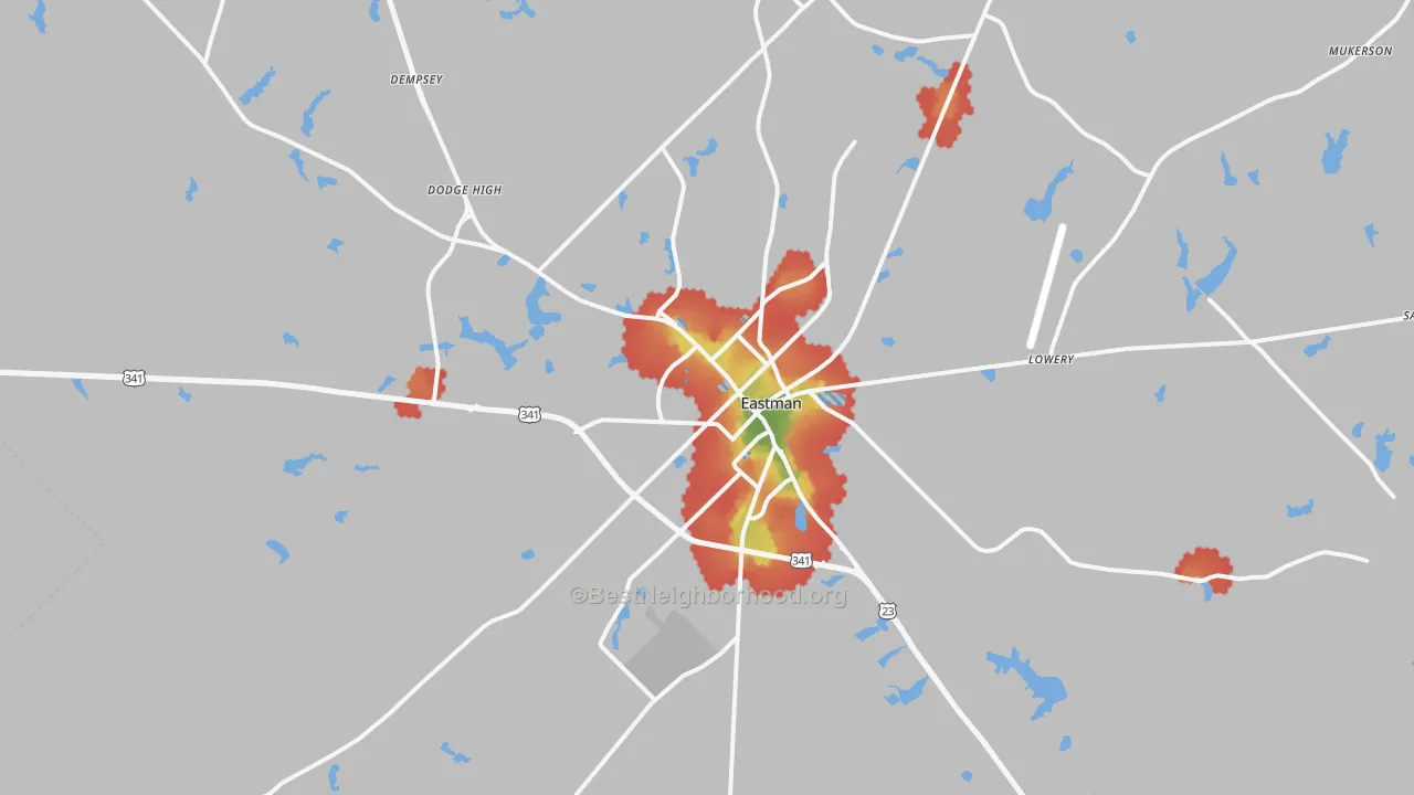 Walk Grade map of Eastman, GA, walkable areas in green and car-dependent areas in red