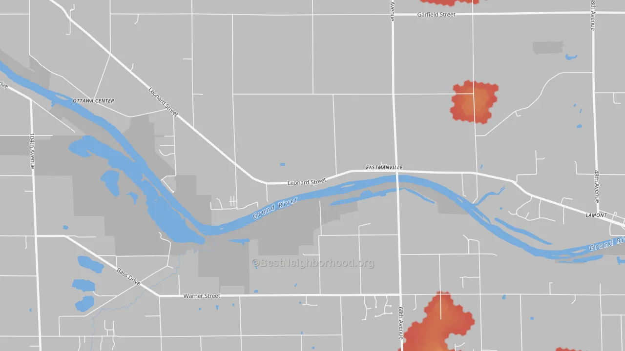 Walk Grade map of Eastmanville, MI, walkable areas in green and car-dependent areas in red
