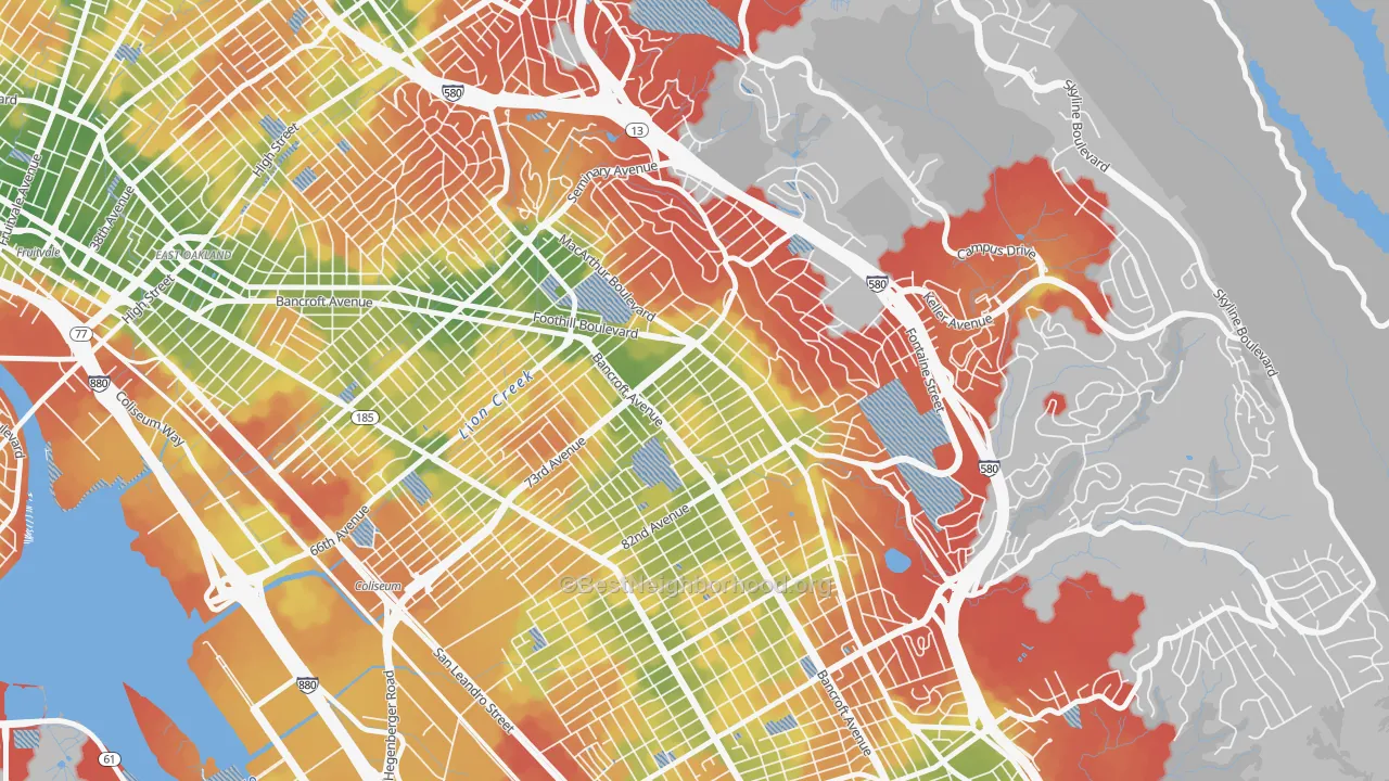 Walk Grade map of Eastmont, Oakland, CA, walkable areas in green and car-dependent areas in red