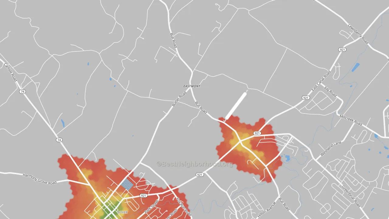 Walk Grade map of Eastmont, PA, walkable areas in green and car-dependent areas in red