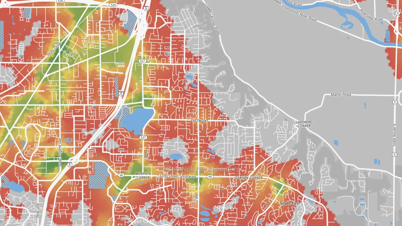 Walk Grade map of Eastmont, WA, walkable areas in green and car-dependent areas in red