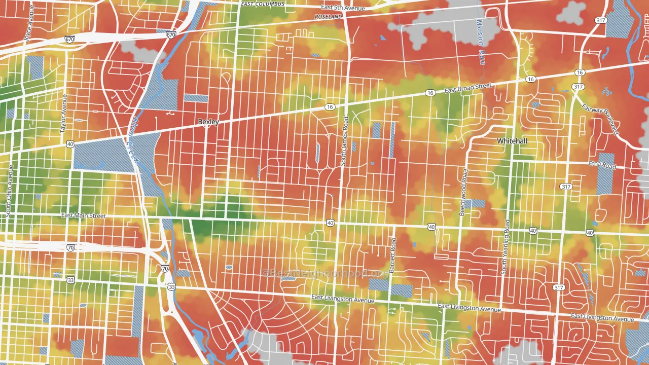 Walk Grade map of Eastmoor, Columbus, OH, walkable areas in green and car-dependent areas in red