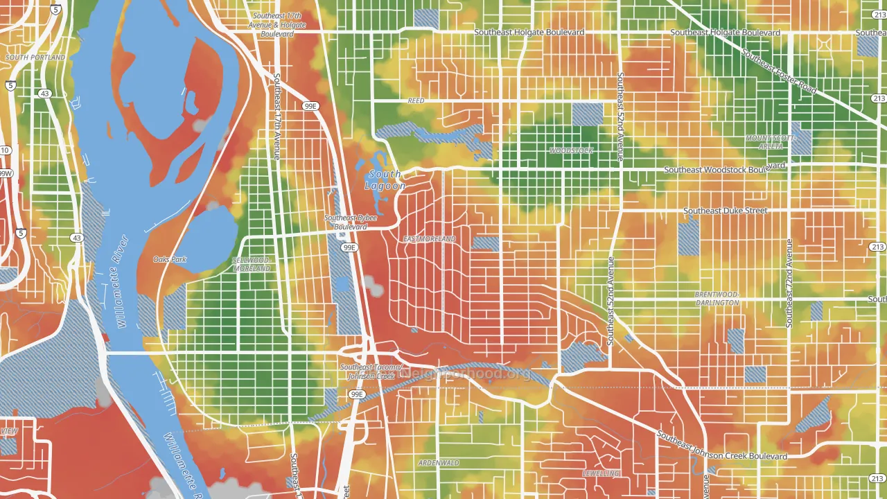 Walk Grade map of Eastmoreland, Portland, OR, walkable areas in green and car-dependent areas in red