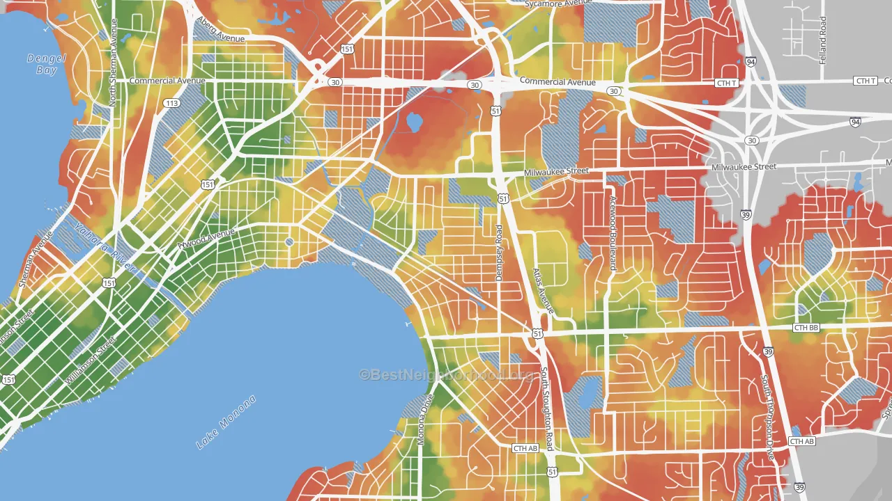 Walk Grade map of Eastmorland, Madison, WI, walkable areas in green and car-dependent areas in red