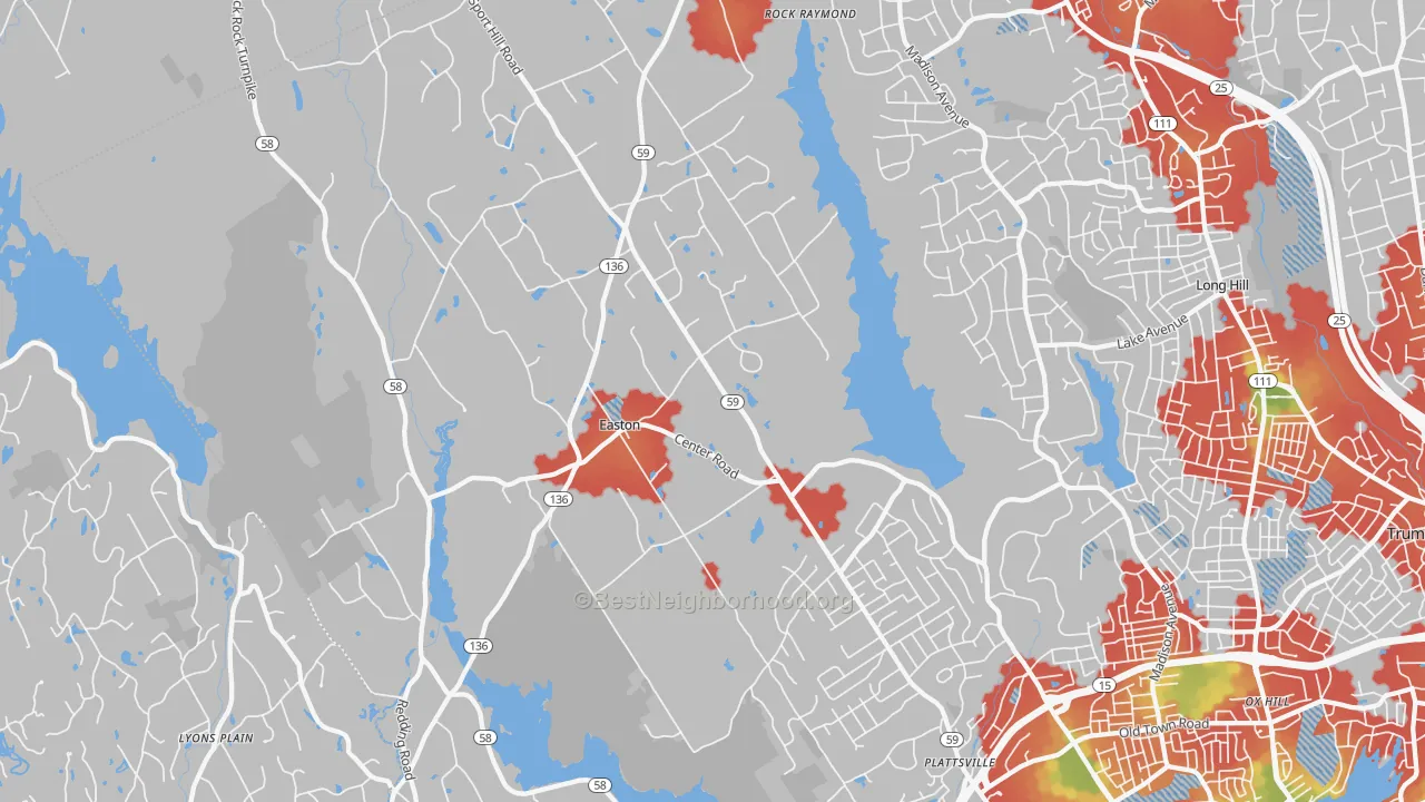 Walk Grade map of Easton, CT, walkable areas in green and car-dependent areas in red