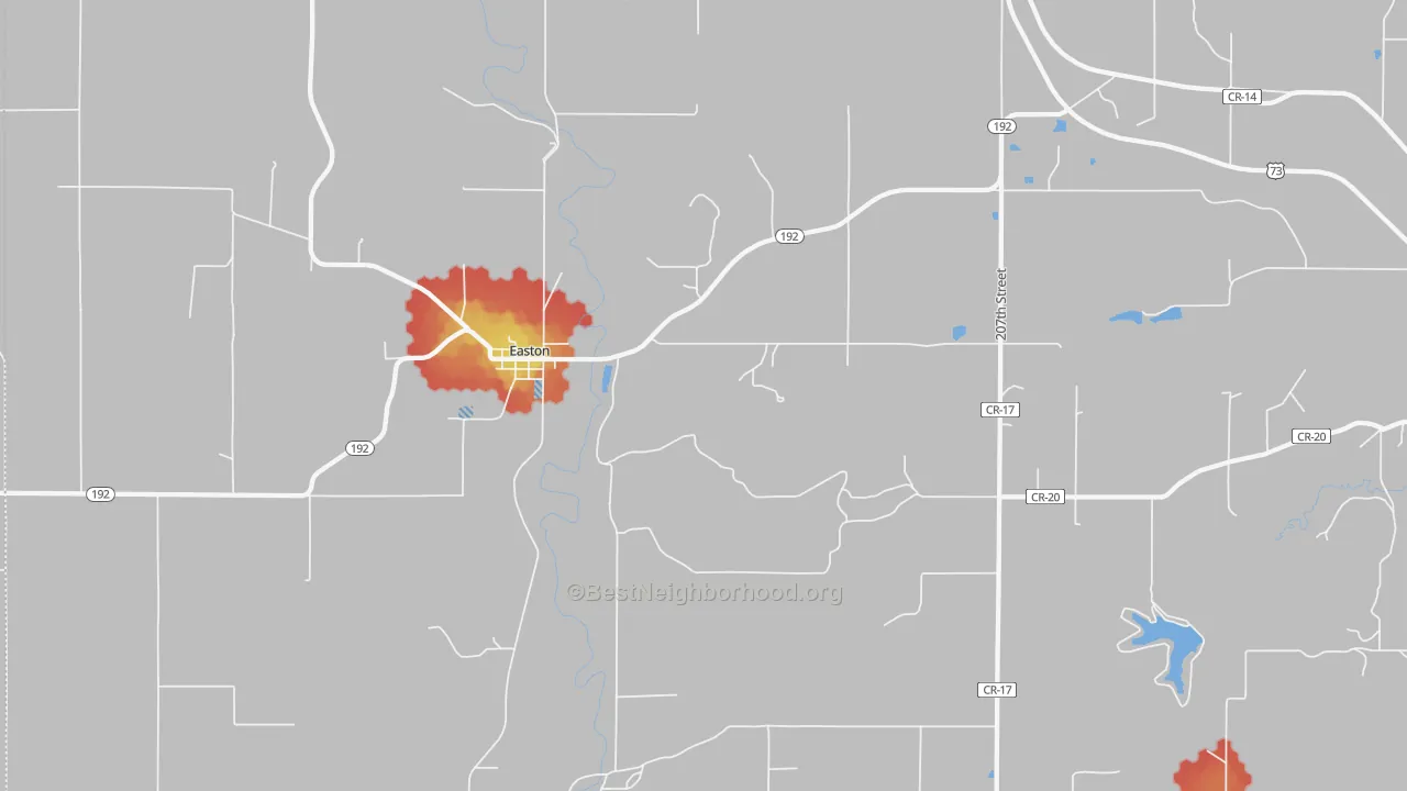 Walk Grade map of Easton, KS, walkable areas in green and car-dependent areas in red