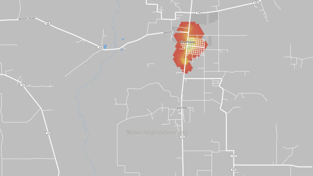 Walk Grade map of Easton, LA, walkable areas in green and car-dependent areas in red