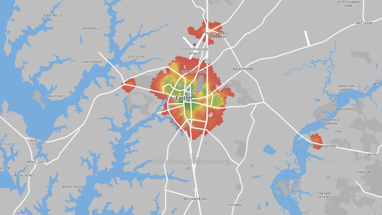 Walk Grade map of Easton, MD, walkable areas in green and car-dependent areas in red