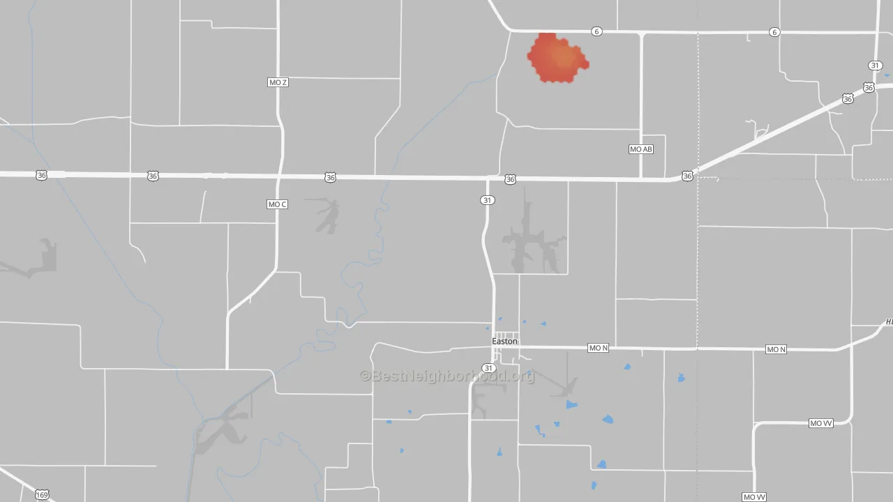 Walk Grade map of Easton, MO, walkable areas in green and car-dependent areas in red