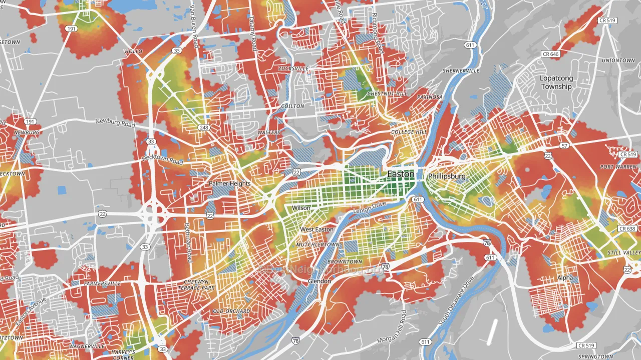Walk Grade map of Easton, PA, walkable areas in green and car-dependent areas in red