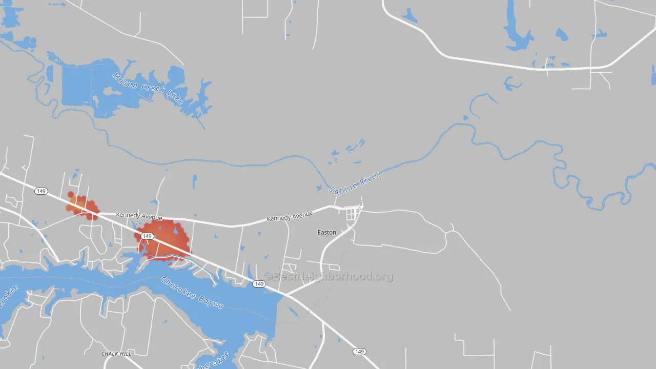 Walk Grade map of Easton, TX, walkable areas in green and car-dependent areas in red