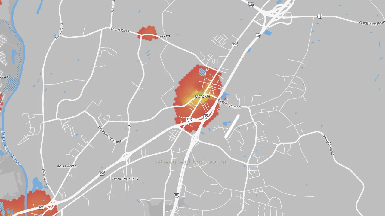 Walk Grade map of Eastover, NC, walkable areas in green and car-dependent areas in red