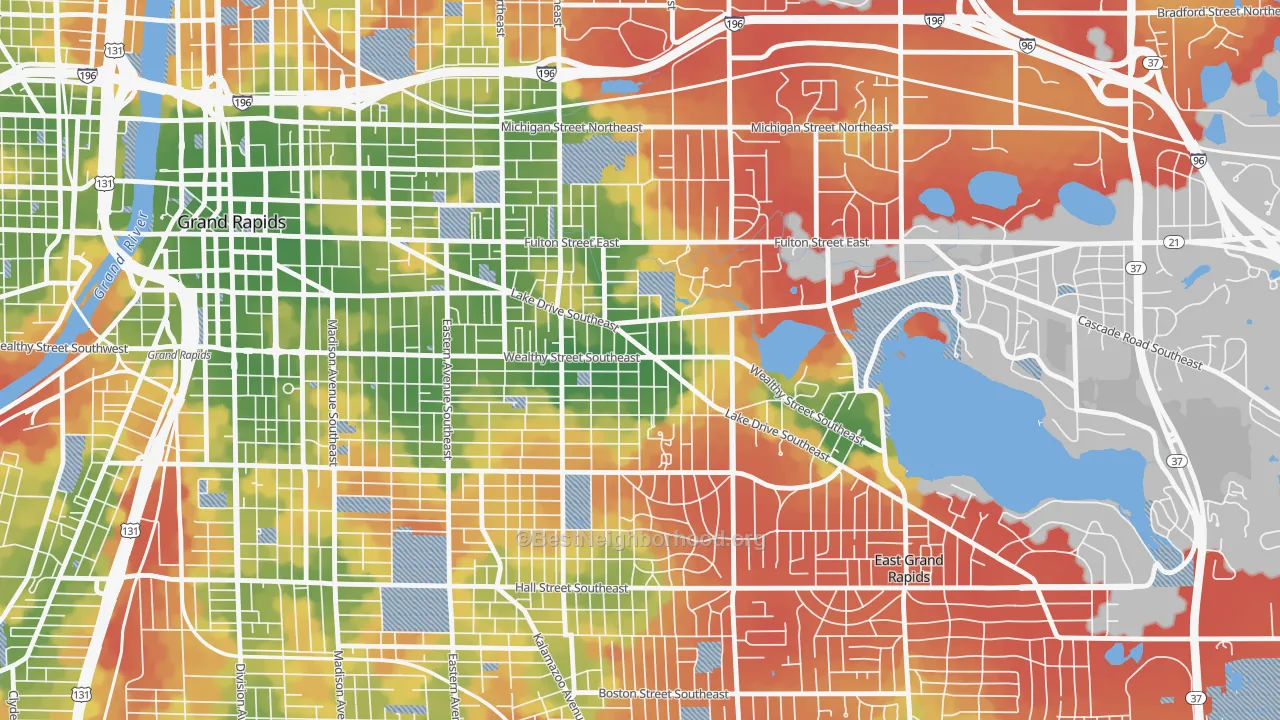 Walk Grade map of Eastown, Grand Rapids, MI, walkable areas in green and car-dependent areas in red