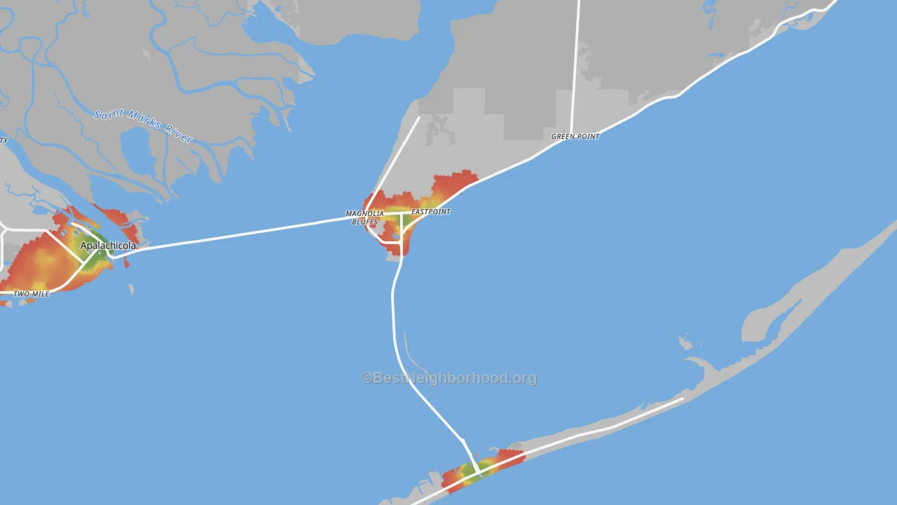 Walk Grade map of Eastpoint, FL, walkable areas in green and car-dependent areas in red