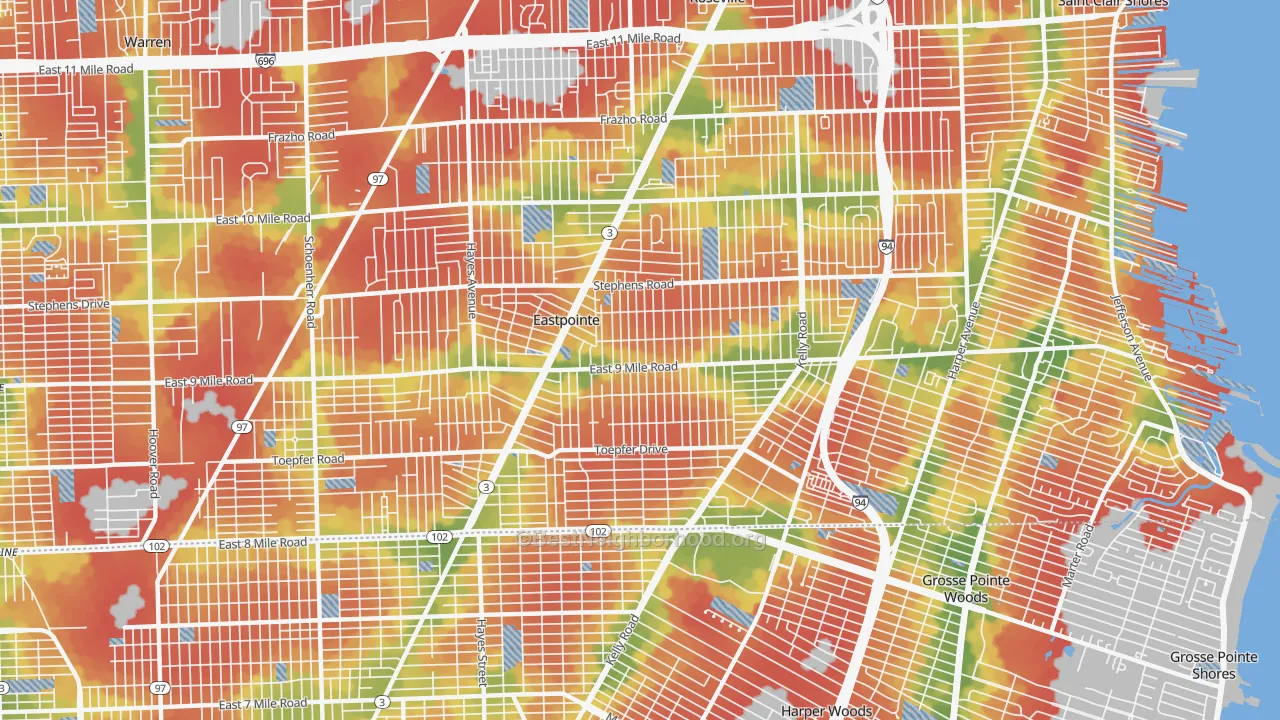 Walk Grade map of Eastpointe, MI, walkable areas in green and car-dependent areas in red