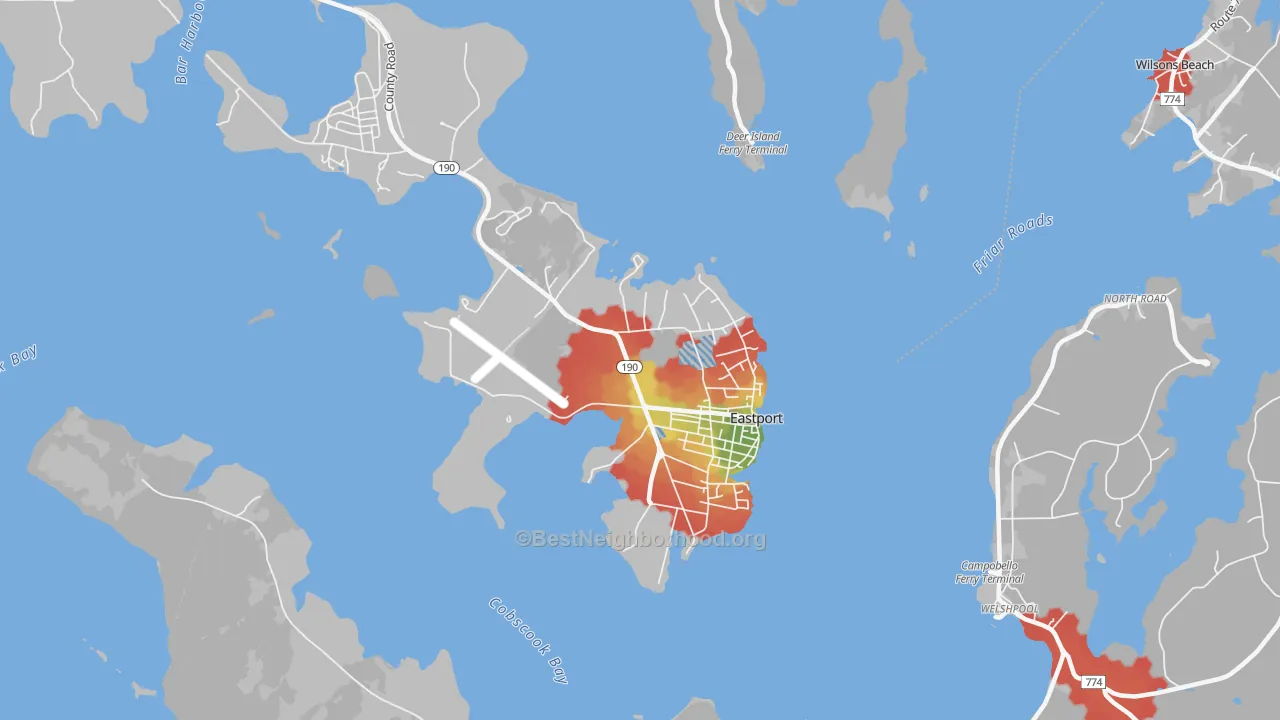 Walk Grade map of Eastport, ME, walkable areas in green and car-dependent areas in red