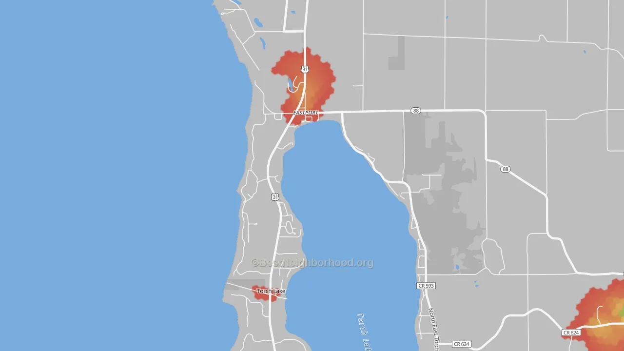 Walk Grade map of Eastport, MI, walkable areas in green and car-dependent areas in red