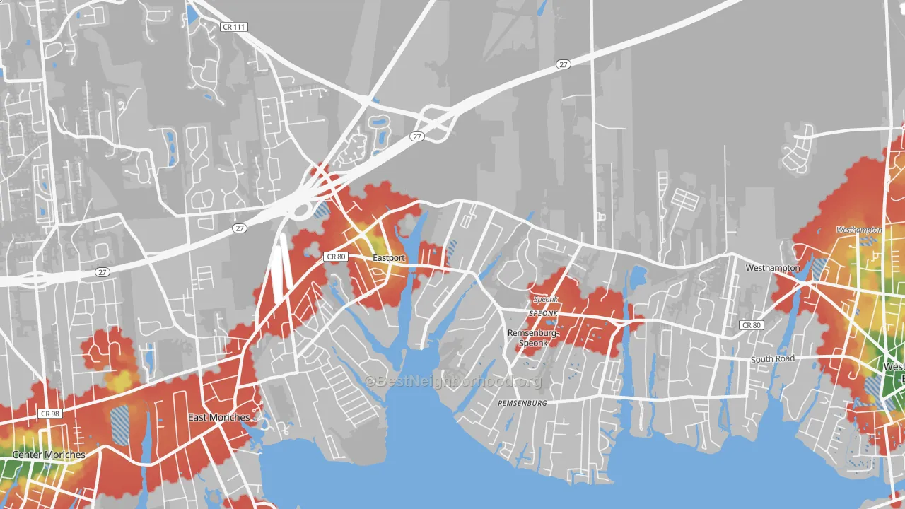 Walk Grade map of Eastport, NY, walkable areas in green and car-dependent areas in red