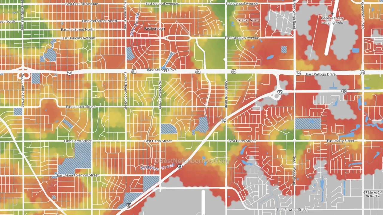 Walk Grade map of Eastridge, Wichita, KS, walkable areas in green and car-dependent areas in red