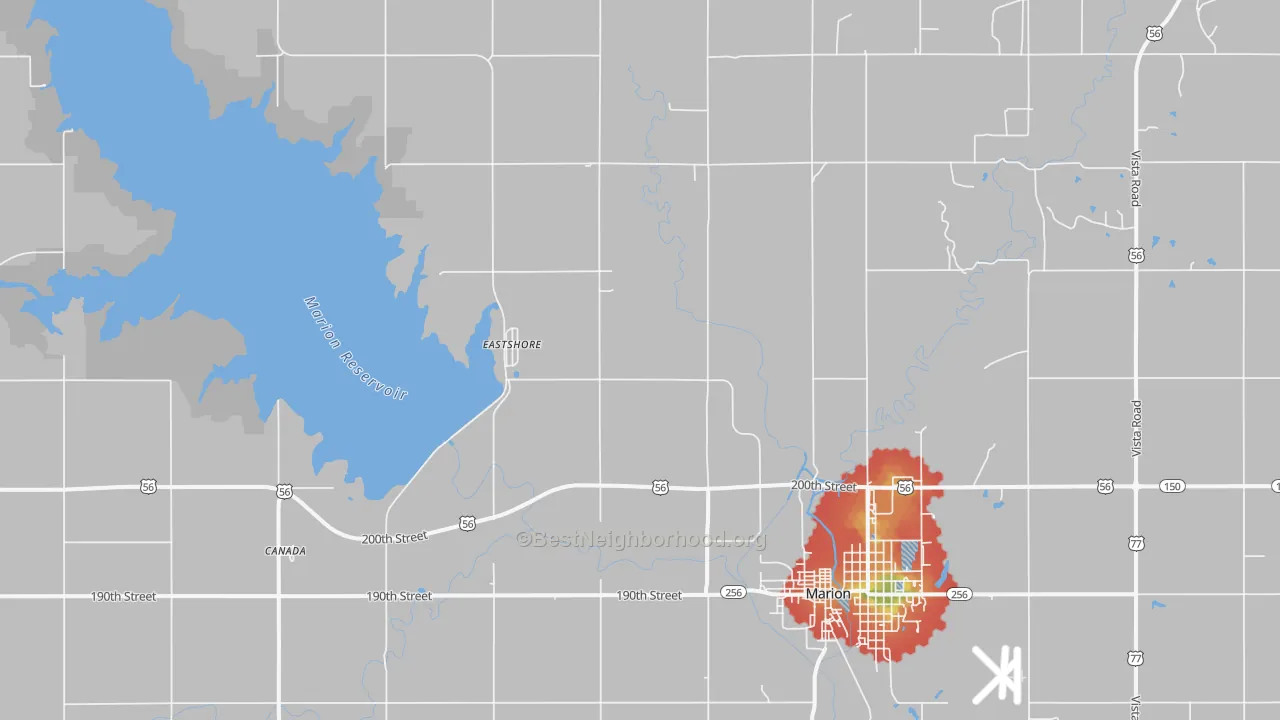 Walk Grade map of Eastshore, KS, walkable areas in green and car-dependent areas in red