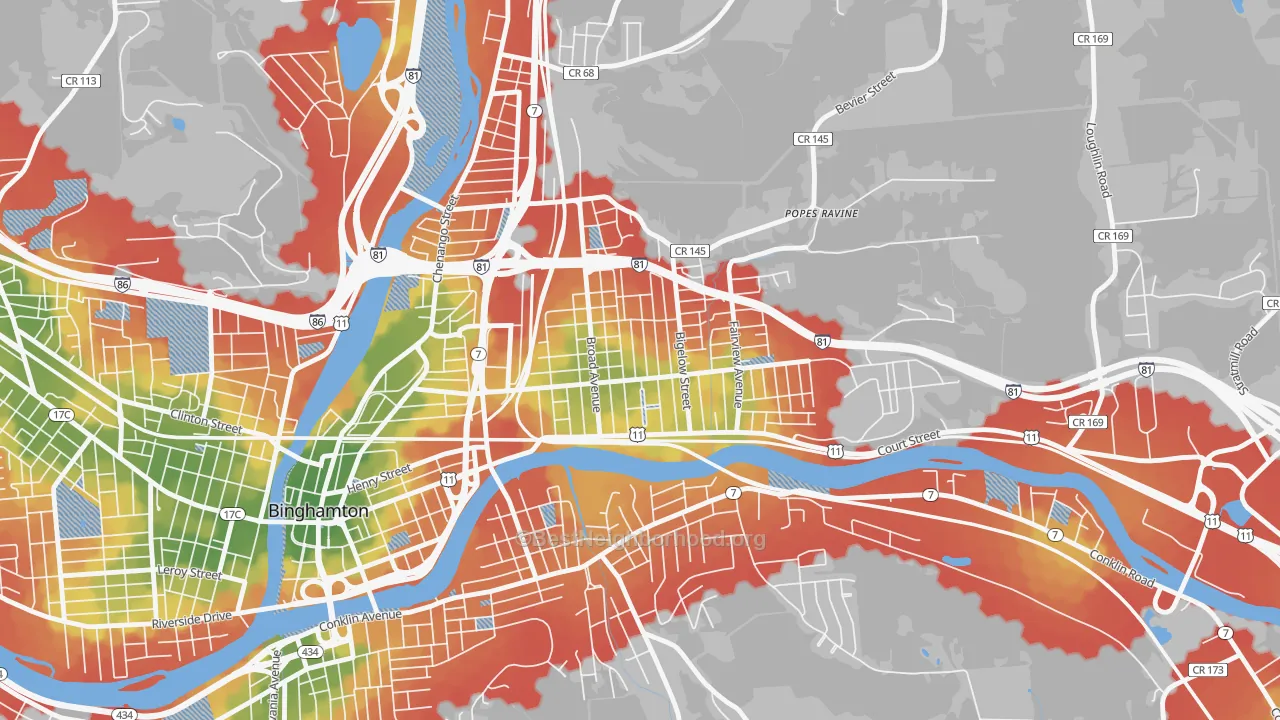 Walk Grade map of Eastside, Binghamton, NY, walkable areas in green and car-dependent areas in red