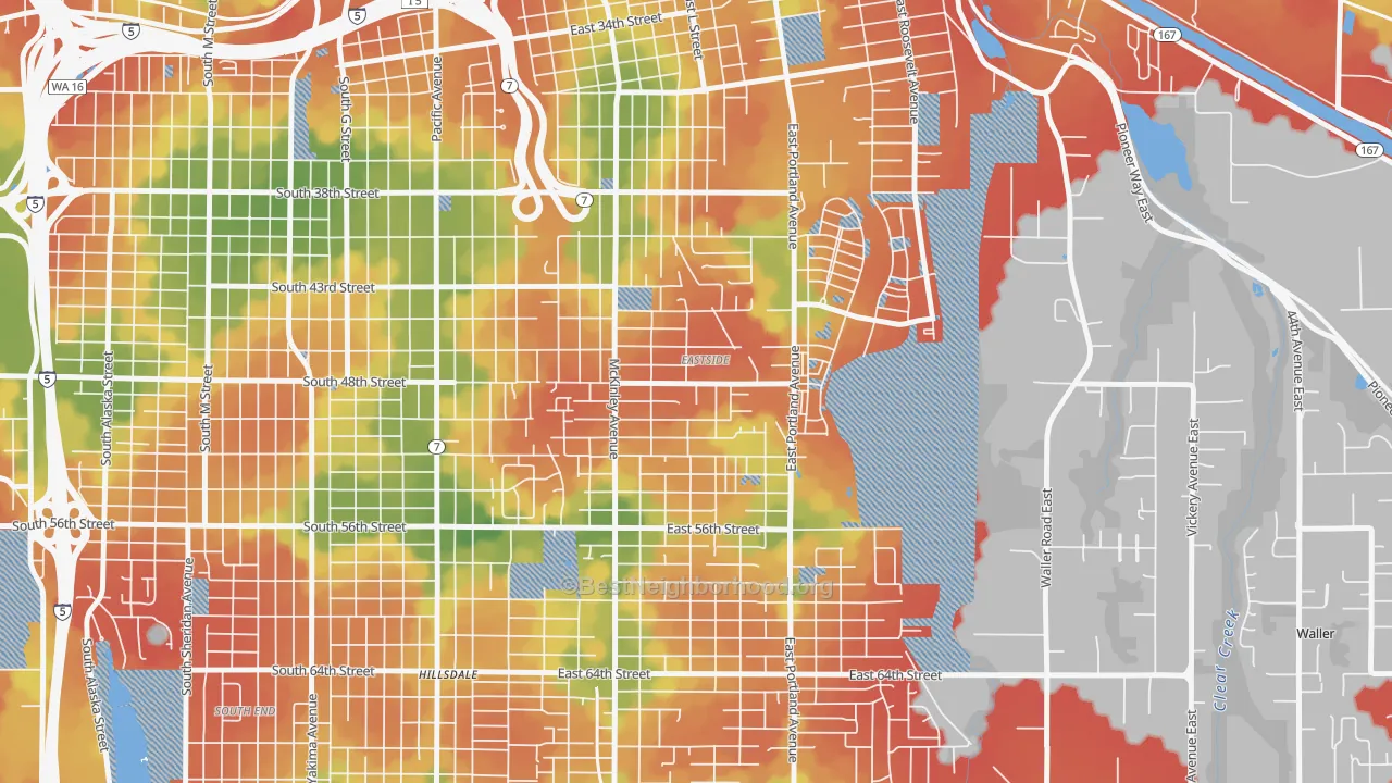 Walk Grade map of Eastside Enact, Tacoma, WA, walkable areas in green and car-dependent areas in red