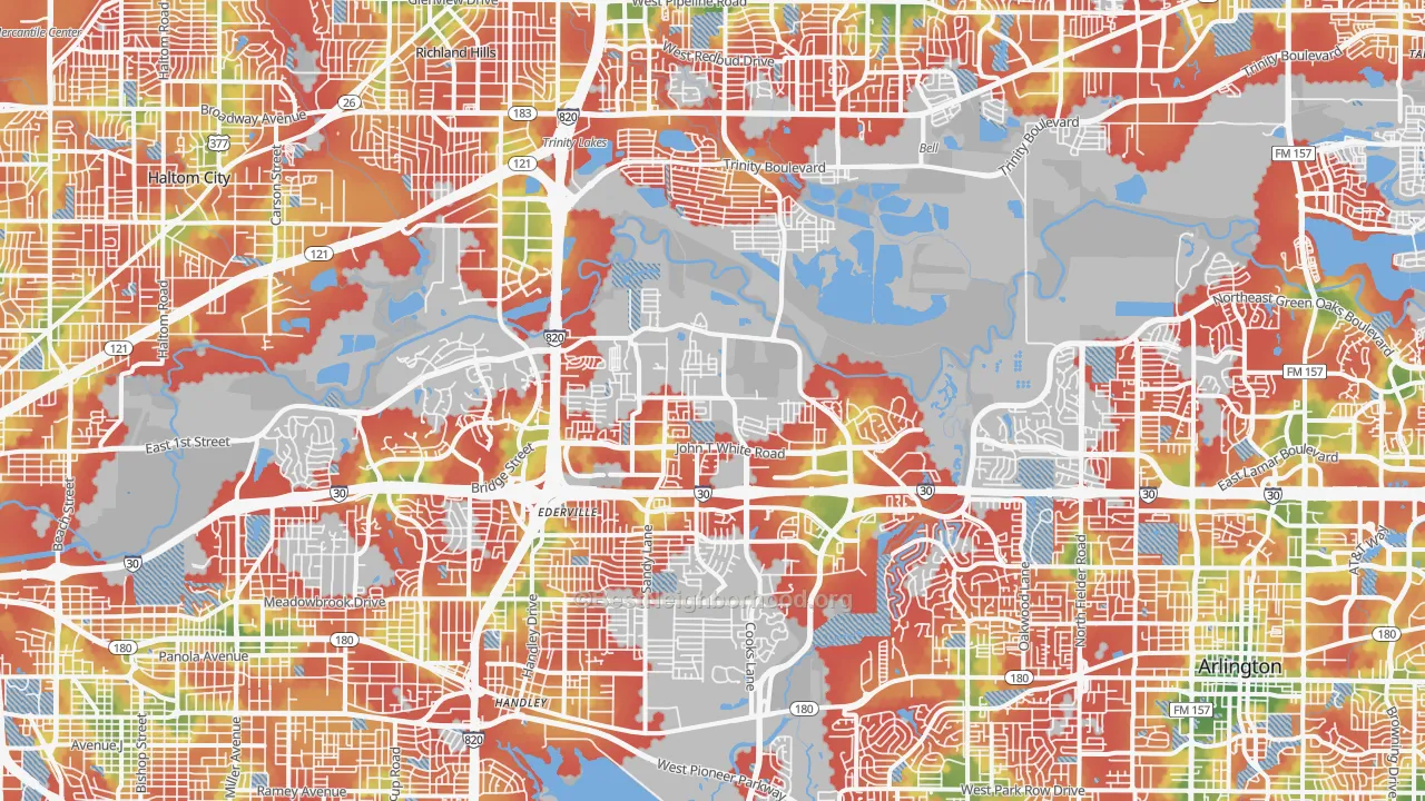 Walk Grade map of Eastside, Fort Worth, TX, walkable areas in green and car-dependent areas in red
