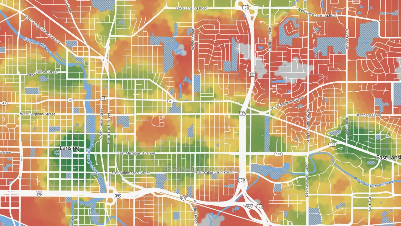 Walk Grade map of Eastside Lansing, Lansing, MI, walkable areas in green and car-dependent areas in red