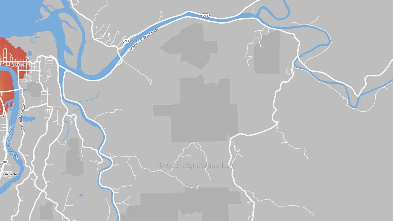 Walk Grade map of Eastside, OR, walkable areas in green and car-dependent areas in red