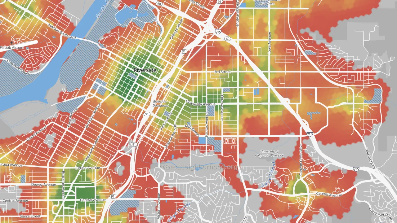 Walk Grade map of Eastside, Riverside, CA, walkable areas in green and car-dependent areas in red