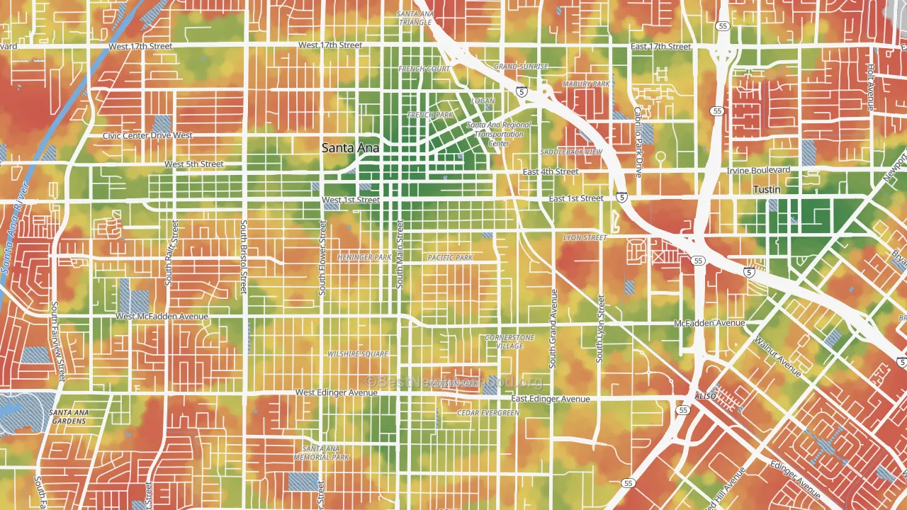 Walk Grade map of Eastside Santa Ana, Santa Ana, CA, walkable areas in green and car-dependent areas in red