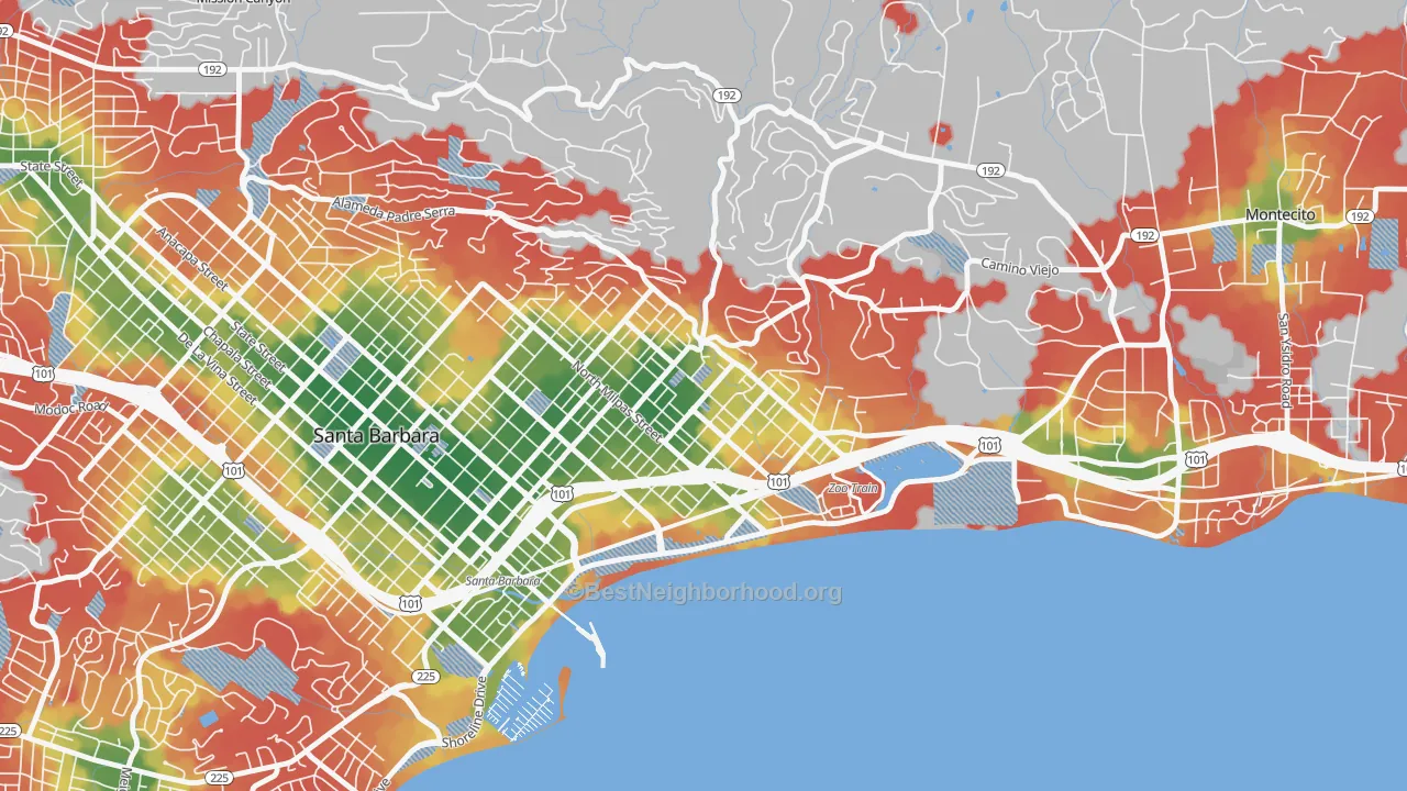 Walk Grade map of Eastside Santa Barbara, Santa Barbara, CA, walkable areas in green and car-dependent areas in red