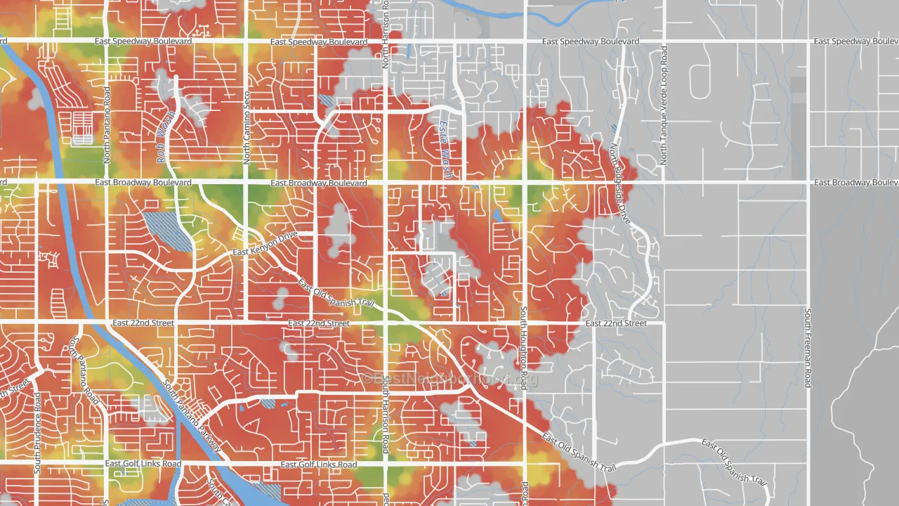 Walk Grade map of Eastside, Tucson, AZ, walkable areas in green and car-dependent areas in red