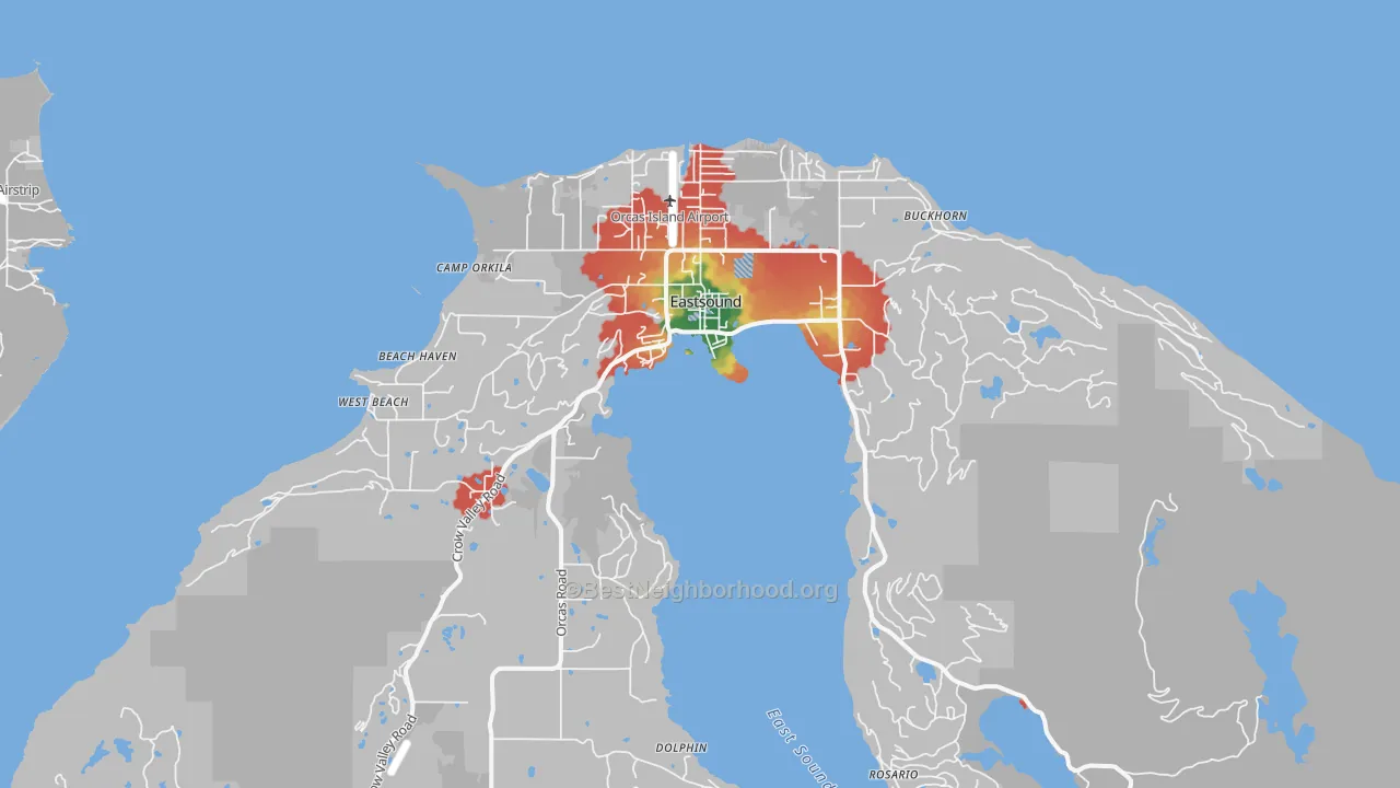 Walk Grade map of Eastsound, WA, walkable areas in green and car-dependent areas in red