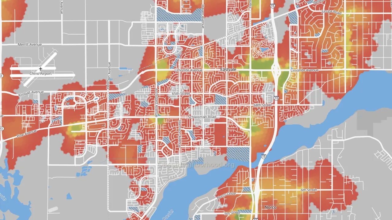 Walk Grade map of Eastvale, CA, walkable areas in green and car-dependent areas in red