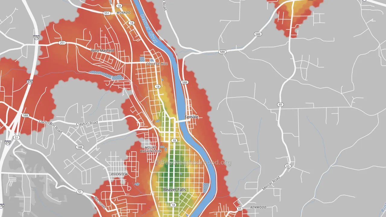 Walk Grade map of Eastvale, PA, walkable areas in green and car-dependent areas in red