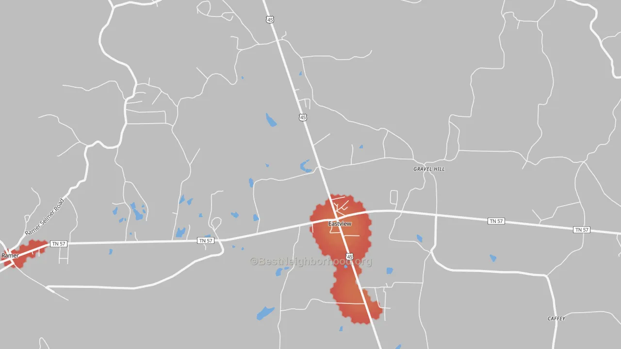 Walk Grade map of Eastview, TN, walkable areas in green and car-dependent areas in red