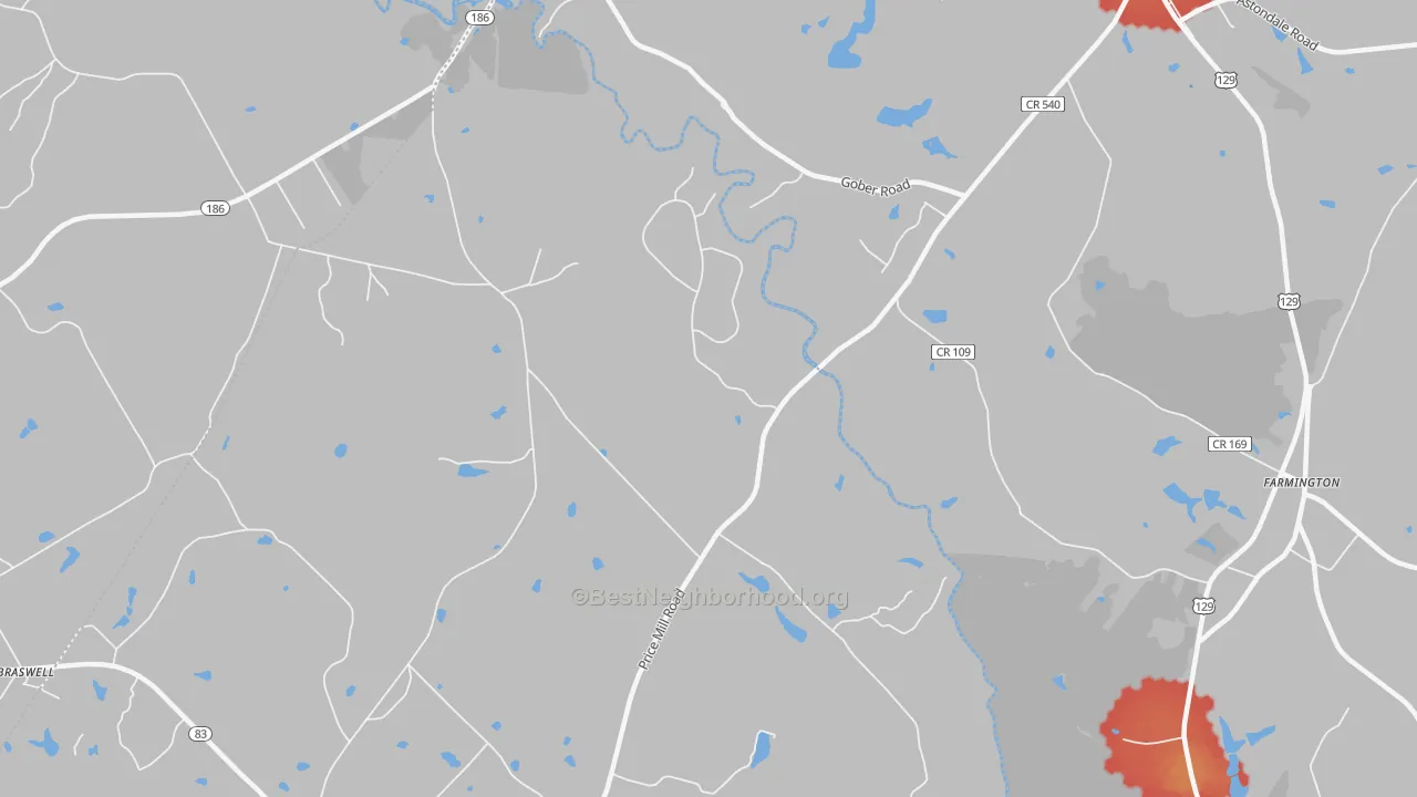 Walk Grade map of Eastville, GA, walkable areas in green and car-dependent areas in red
